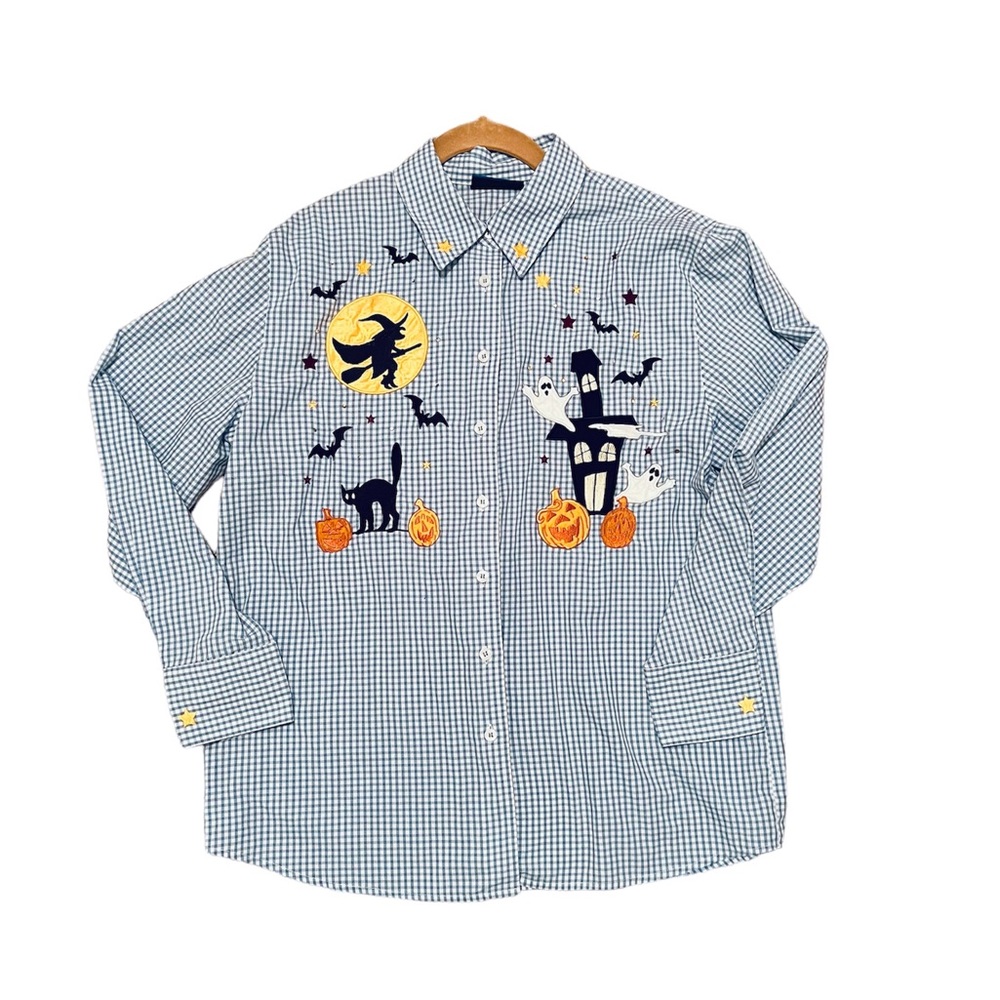 Halloween plaid long sleeve top Jack o lanterns Full Moon Witch Cat